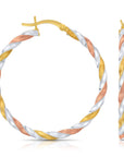 Sterling Silver Twisted Tricolor Hoop Earrings, 1.4 inch