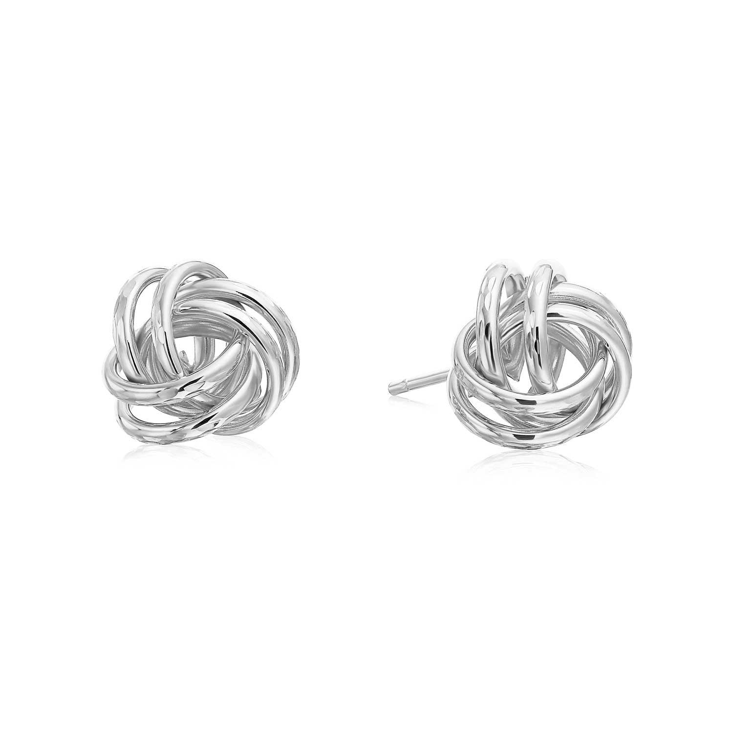 14k Gold Love Knot Stud Earrings with Hand Engraved Diamond Cuts, 9mm, Pushback Studs