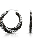 Glossy Black Spiral Diamond Cut Hoop Earrings in Sterling Silver