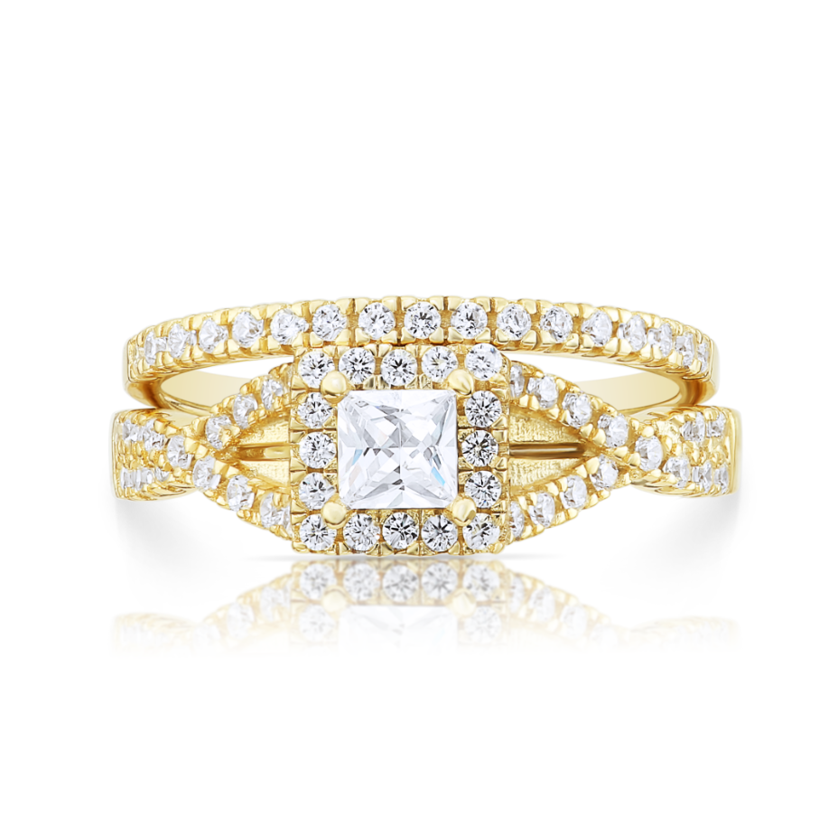 Sterling Silver Princess Engagement Ring Set, Gold Plated