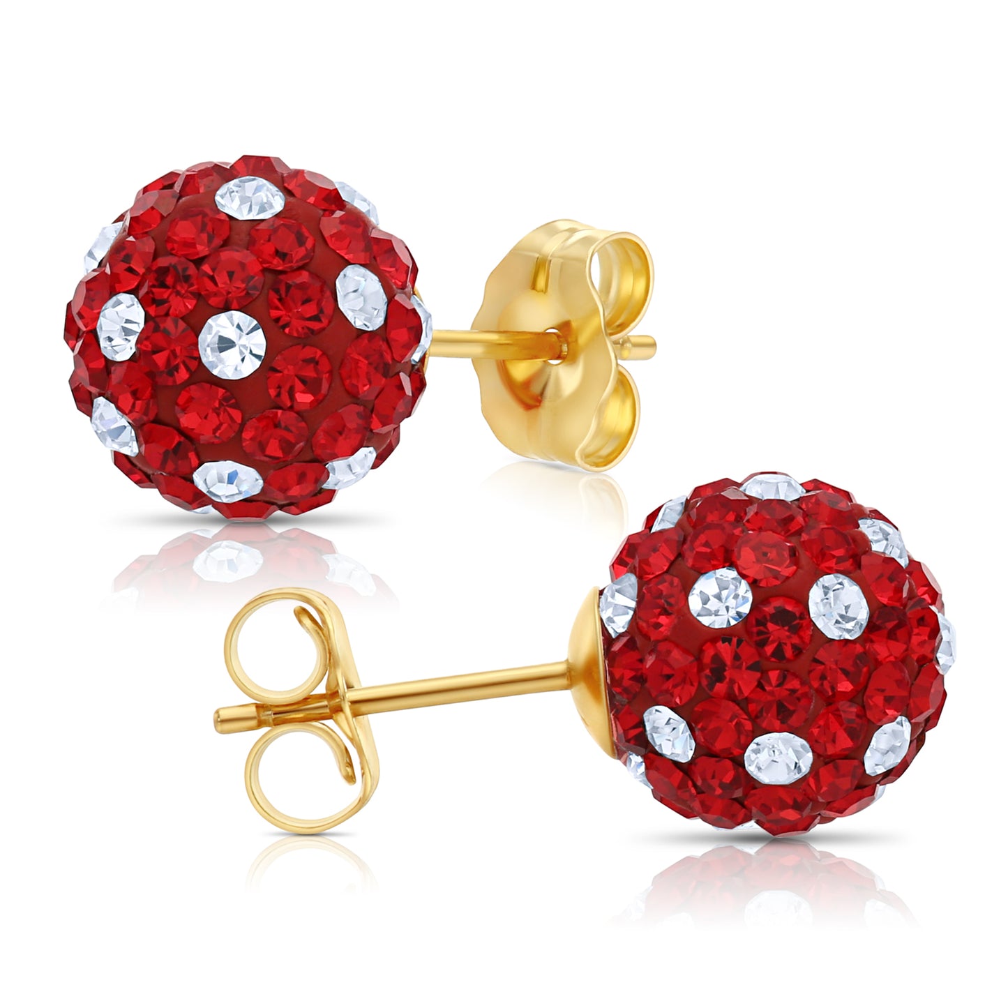 14k Yellow Gold Red Sparkle Ball Studs