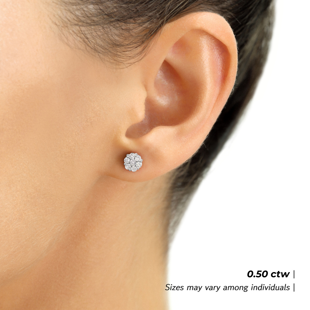 14K White Gold Diamond Cluster Stud Earring with Screw-Back, 0.50 carats