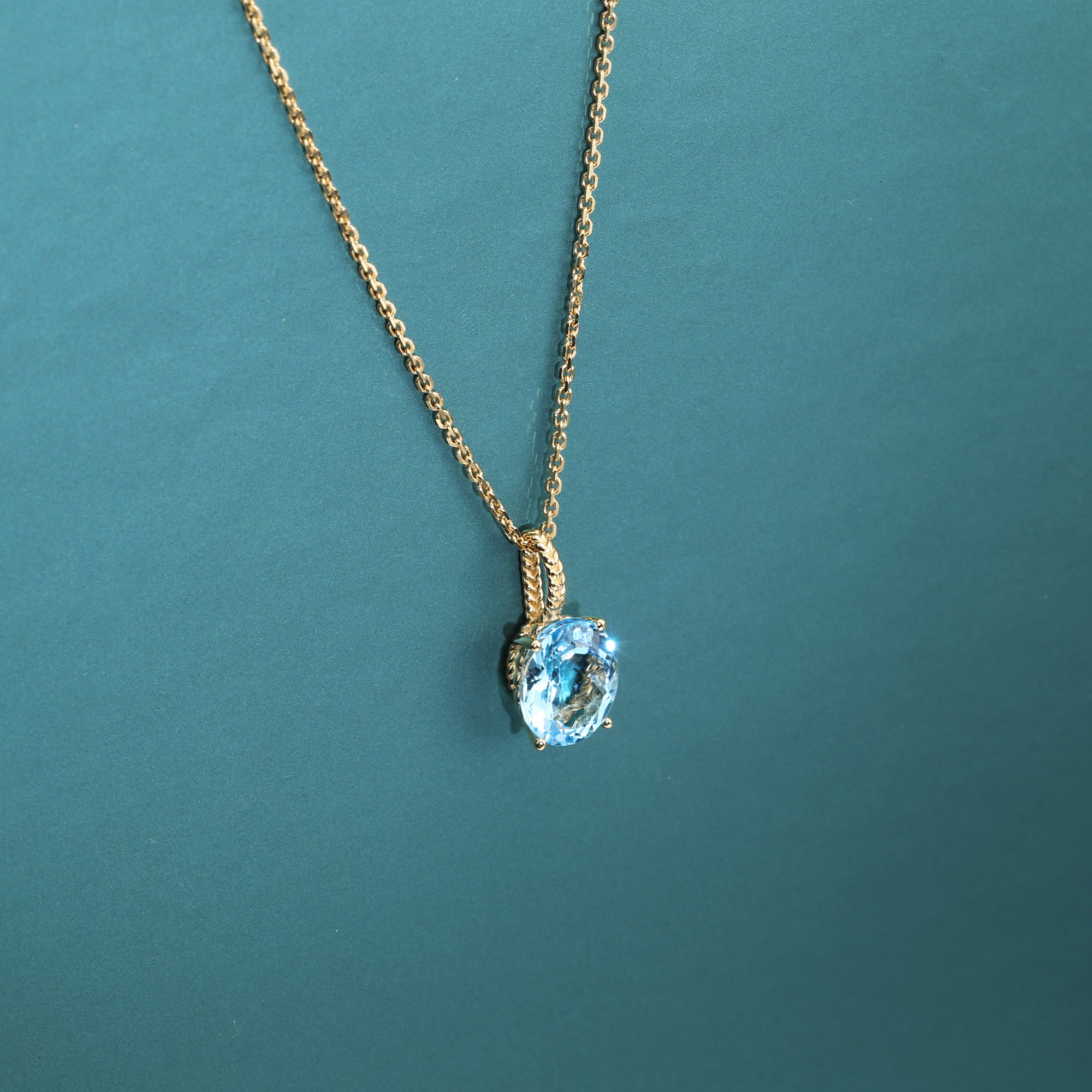 14k Yellow Gold Topaz Necklace, Brilliant Sky Blue 6 Carat Oval Shaped Topaz Gemstone Pendant