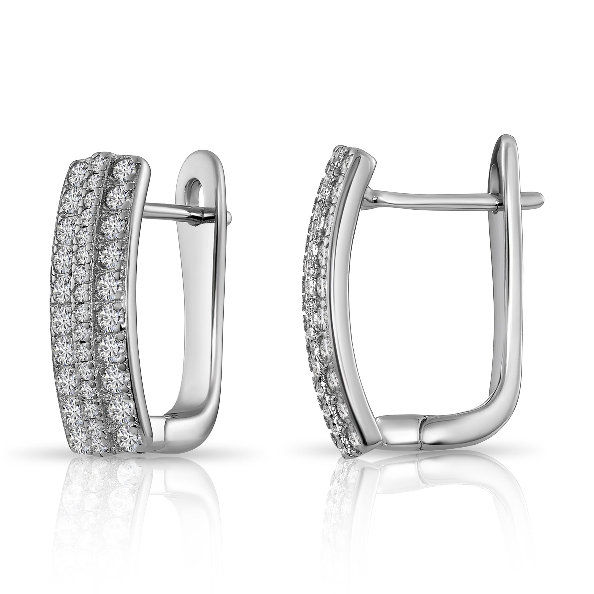 Sterling Silver Cubic Zirconia Oval Huggie Hoop Earrings, Three-Row Design