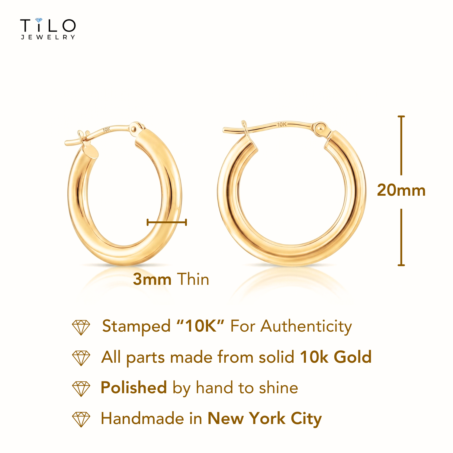 10K Yellow Gold Round Chunky Hoop Earrings, 20mm