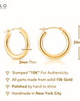 10K Yellow Gold Round Chunky Hoop Earrings, 20mm