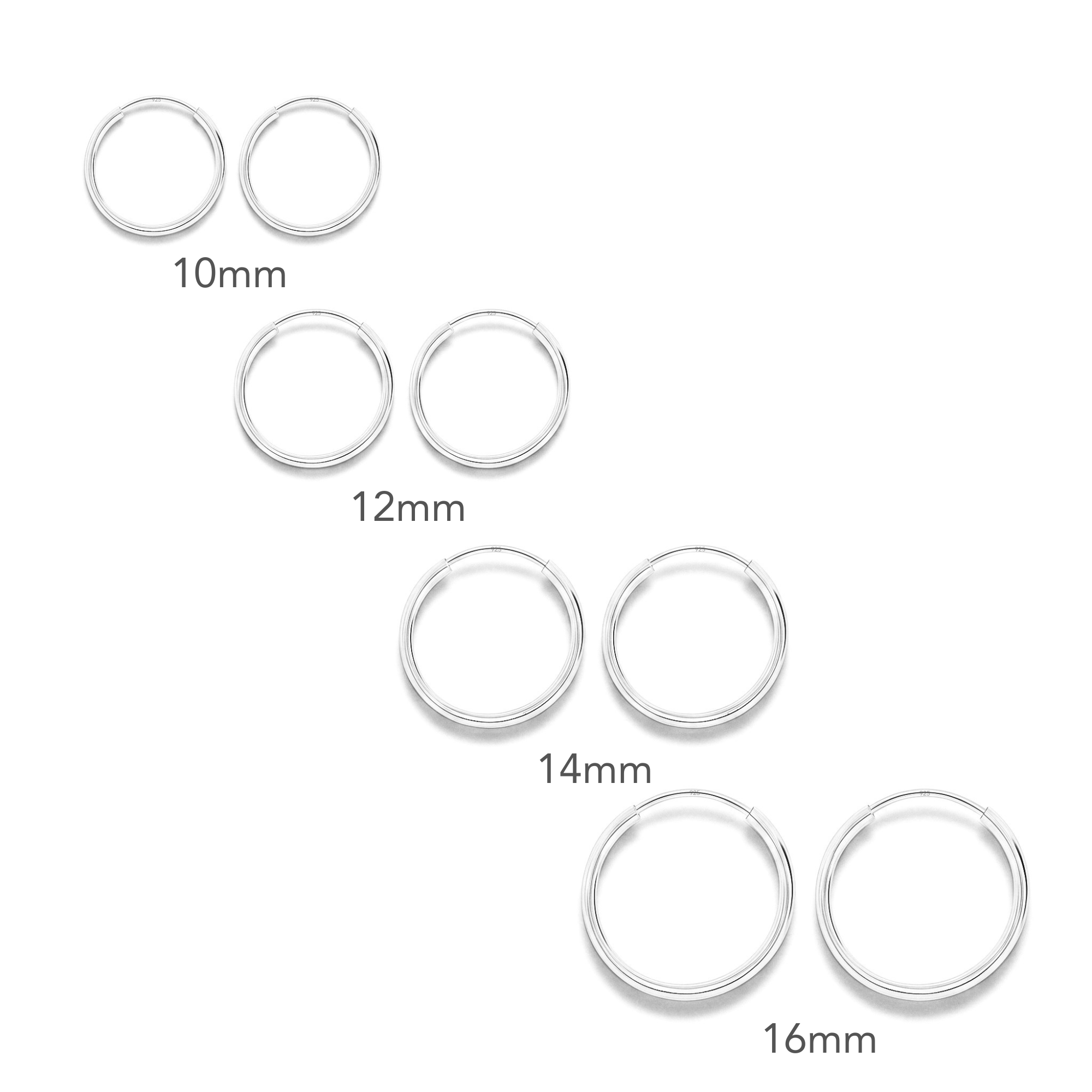 Sterling Silver Endless Hoop Earrings, 4 Pair Set, 10mm, 12mm, 14mm, 16mm