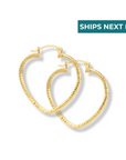 14k Yellow Gold Heart Hoop Earrings, Medium Hoops with Engravings, Diamond-Cut Design 