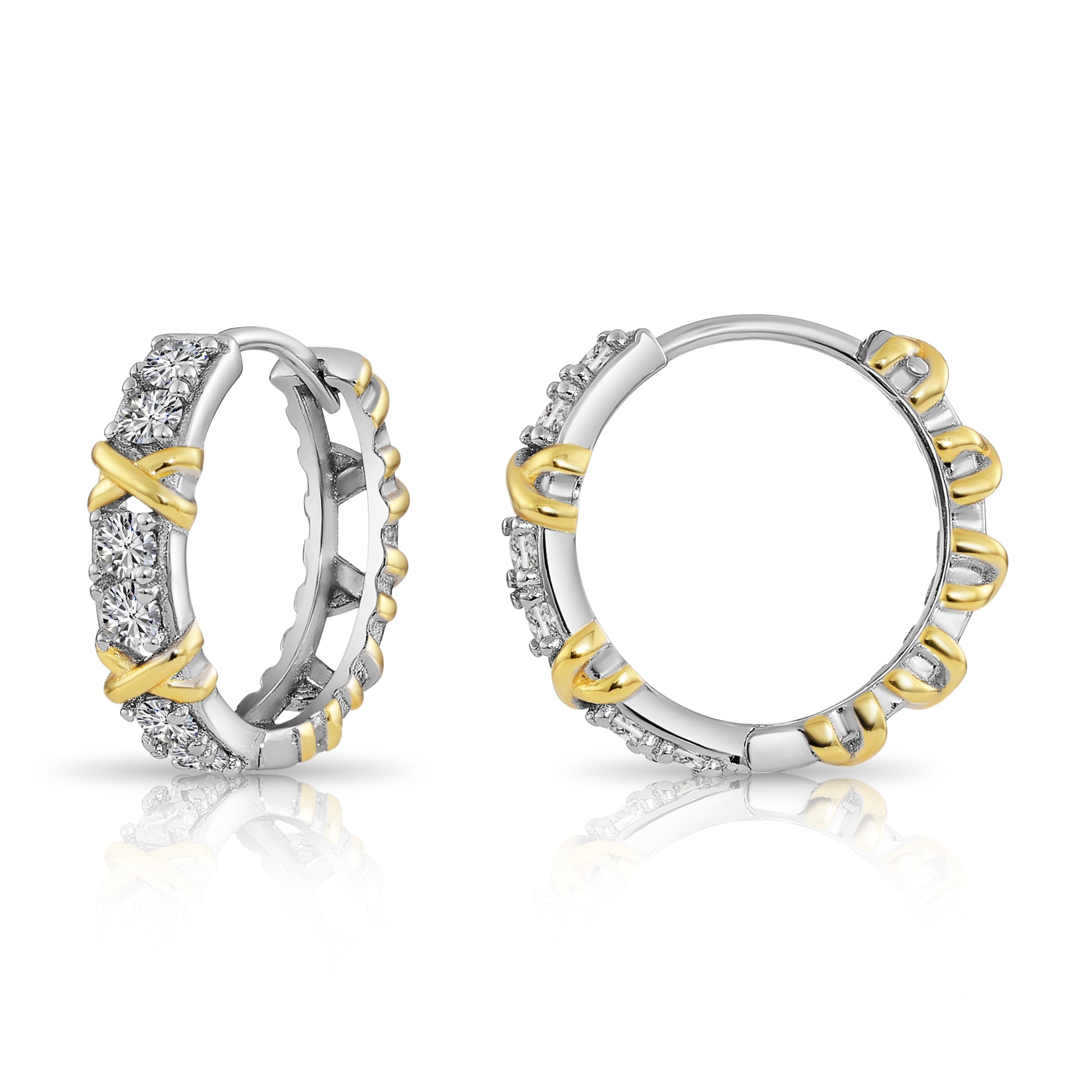 Sterling Silver Two-Tone CZ Huggie Earrings