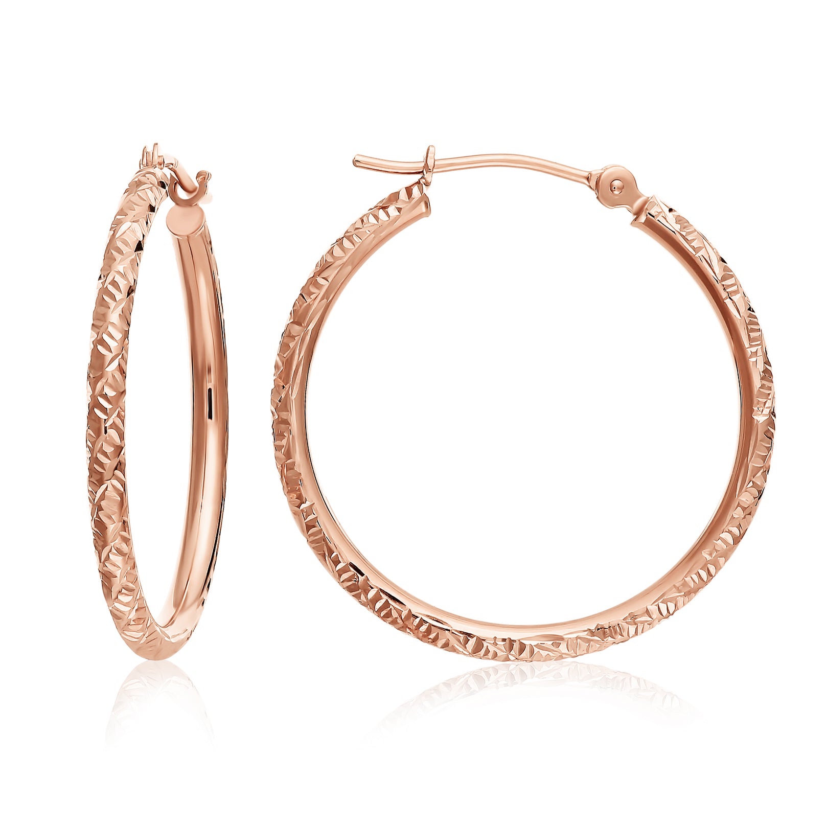 14k Rose Gold Tornado Diamond Cut Hoop Earrings, 2mm Thin
