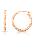 14K Rose Gold Hoop Earrings, Hand Engraved X-Pattern