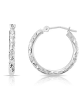 14K White Gold Diamond-Cut X-Pattern Round Hoop Earrings