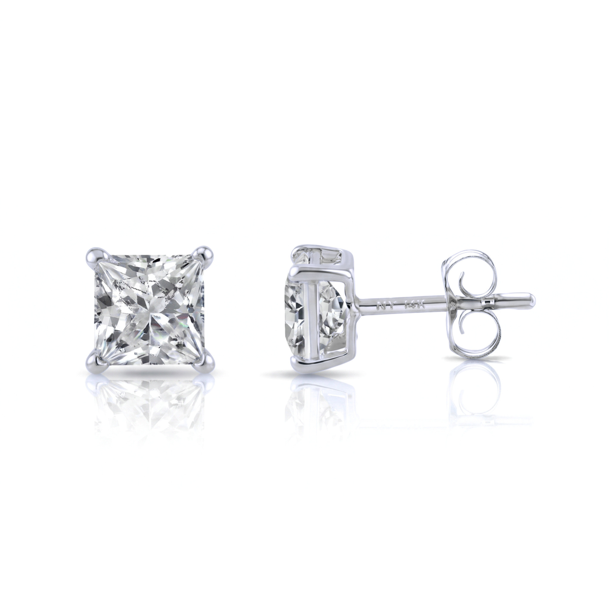 14K White Gold Princess-Cut Lab Diamond Studs, Pushback