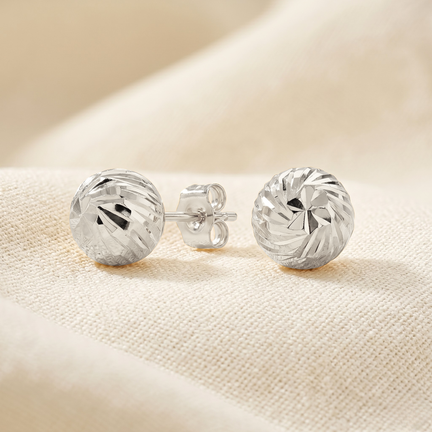 14k White Gold Ball Studs With Hand Engraved Spiral Design