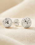 14k White Gold Ball Studs With Hand Engraved Spiral Design