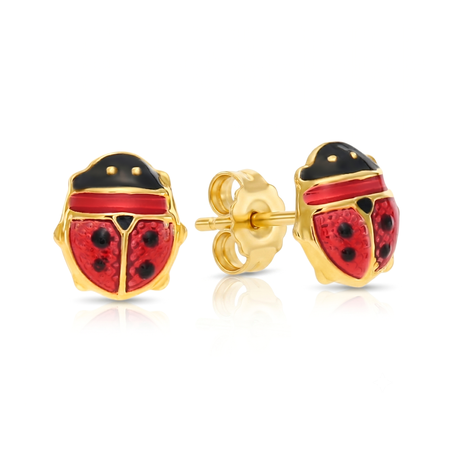 14K Yellow Gold Red Ladybug Studs, Pushback
