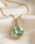 14k Yellow Gold Green Amethyst Gemstone And Diamond Pendant Necklace