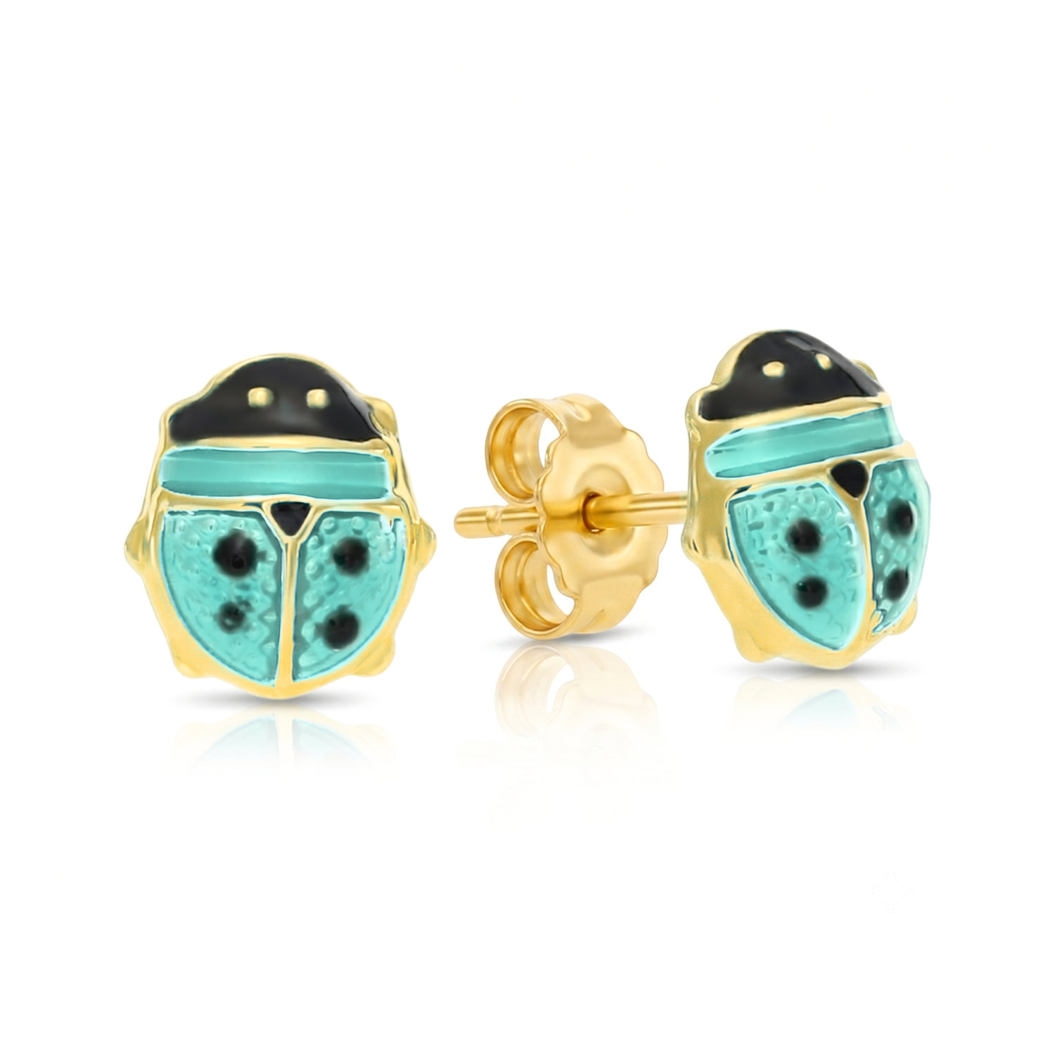 14K Yellow Gold Turquoise Ladybug Studs, Pushback