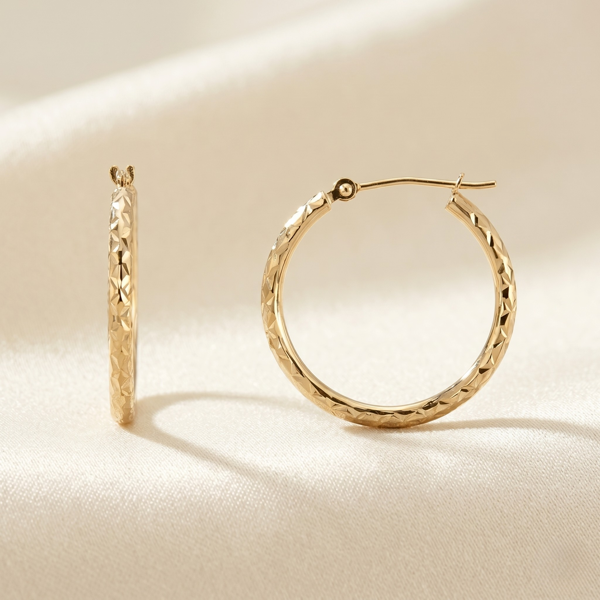 14K Yellow Gold "X Pattern" Diamond-Cut Hoop Earrings