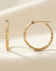 14K Yellow Gold "X Pattern" Diamond-Cut Hoop Earrings