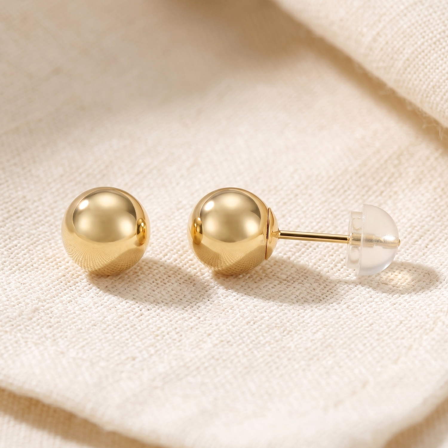 14K Yellow Gold Ball Stud Earrings, With Silicone Pushbacks