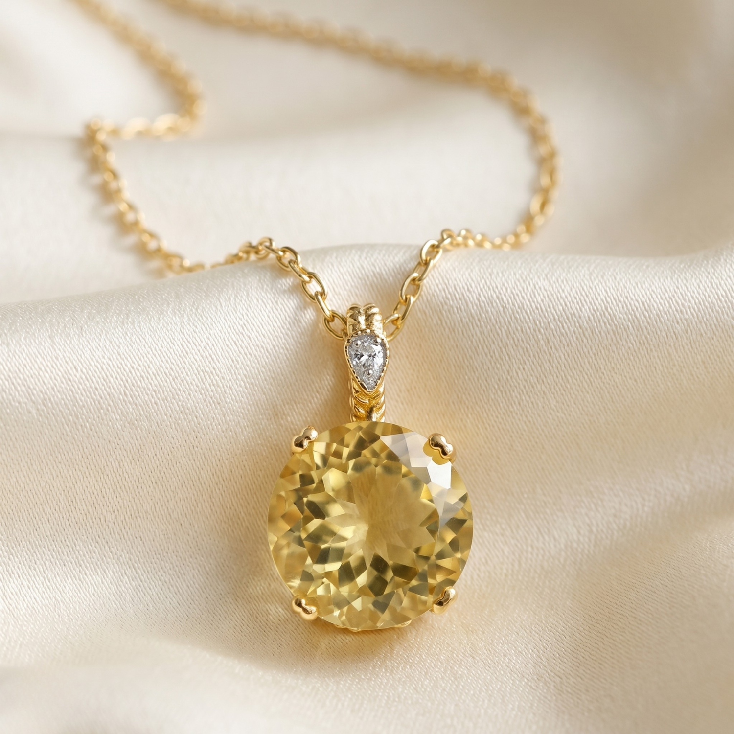 14k Gold Yellow Topaz Gemstone And Diamond Pendant Necklace