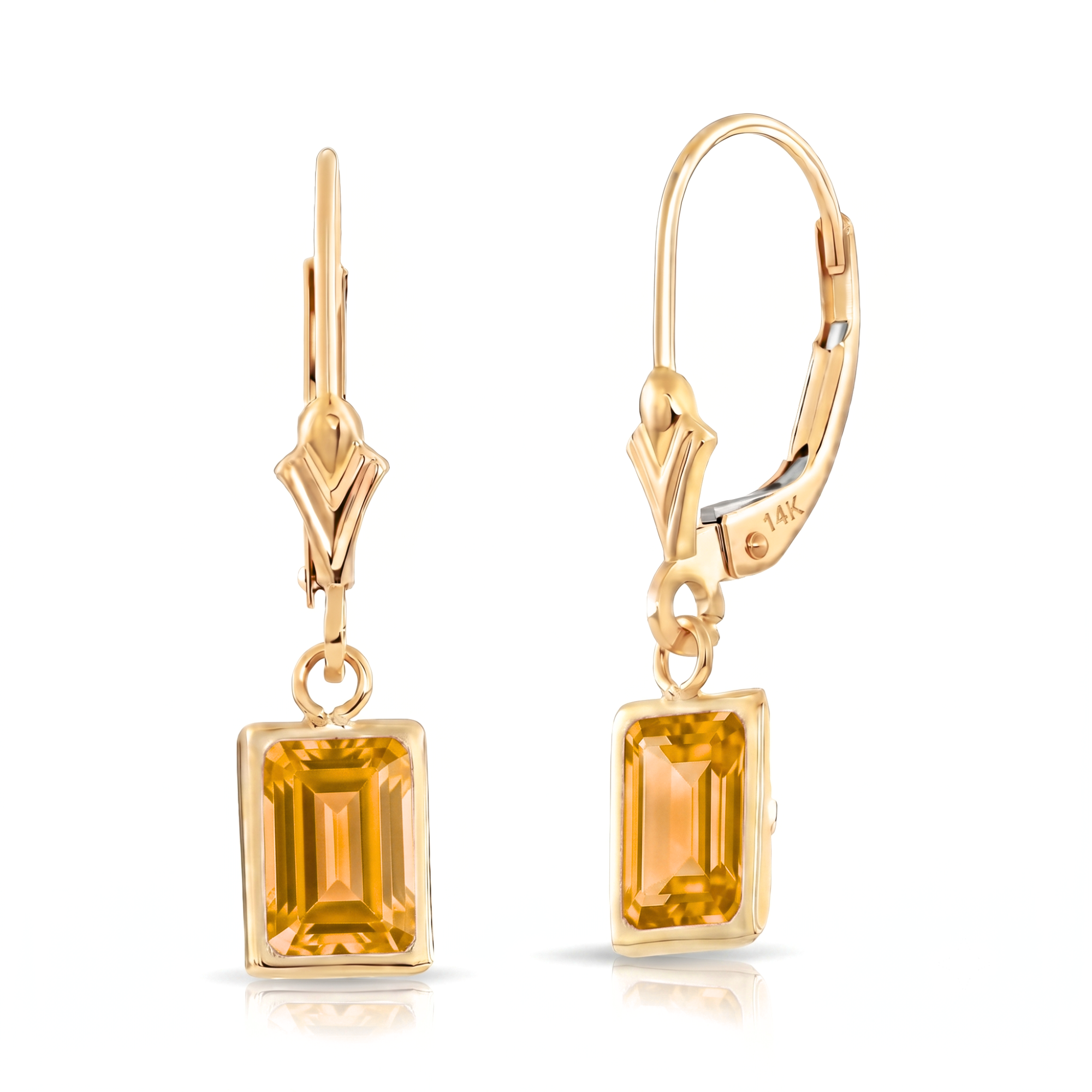 14K Gold Natural Citrine Emerald-Cut Gemstone Drop Earrings