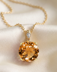 14k Yellow Gold Orange Citrine Gemstone And Diamond Pendant Necklace
