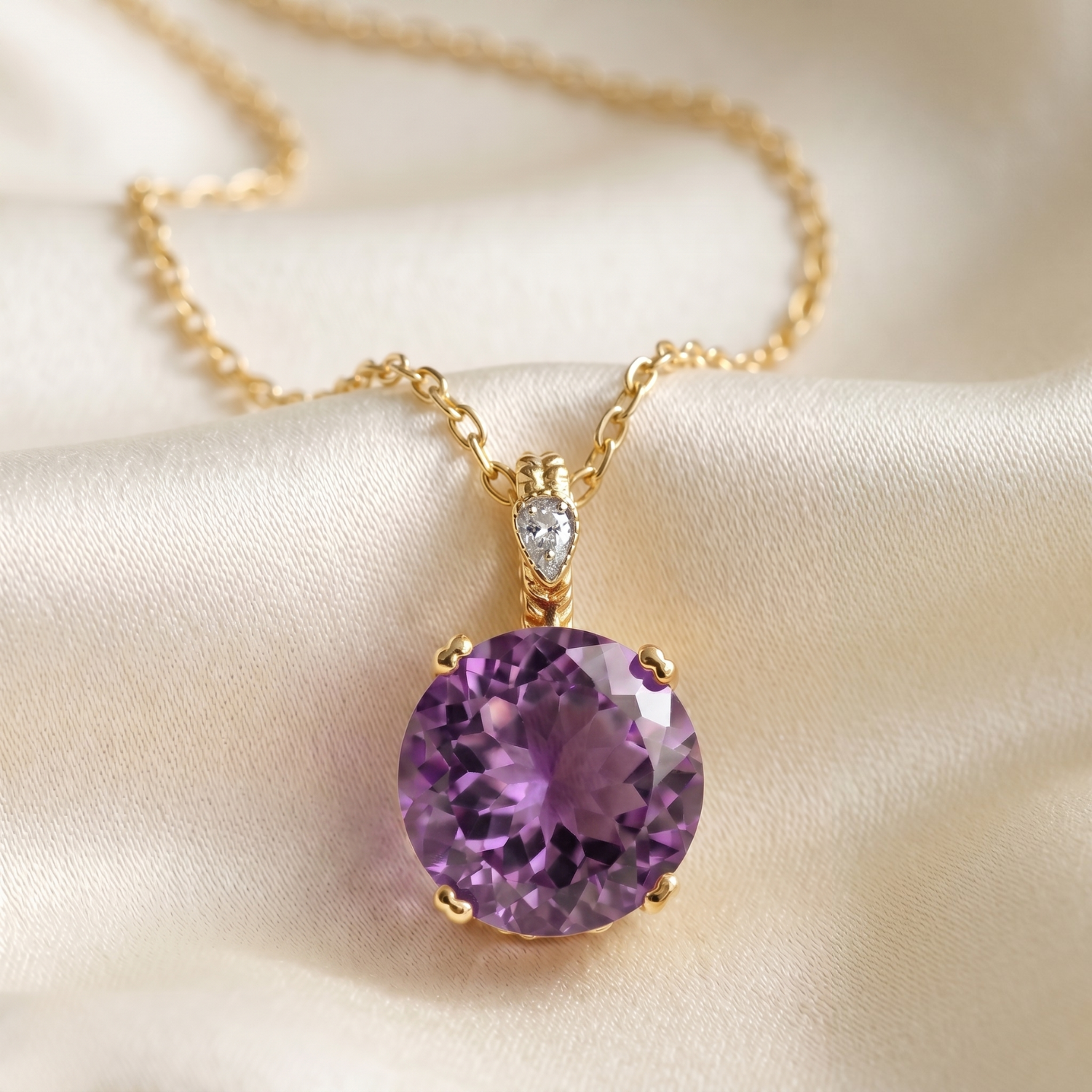 14k Yellow Gold Purple Amethyst Gemstone And Diamond Pendant Necklace