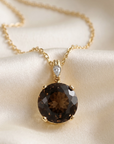 14k Yellow Gold Smoky Quartz Gemstone And Diamond Pendant Necklace