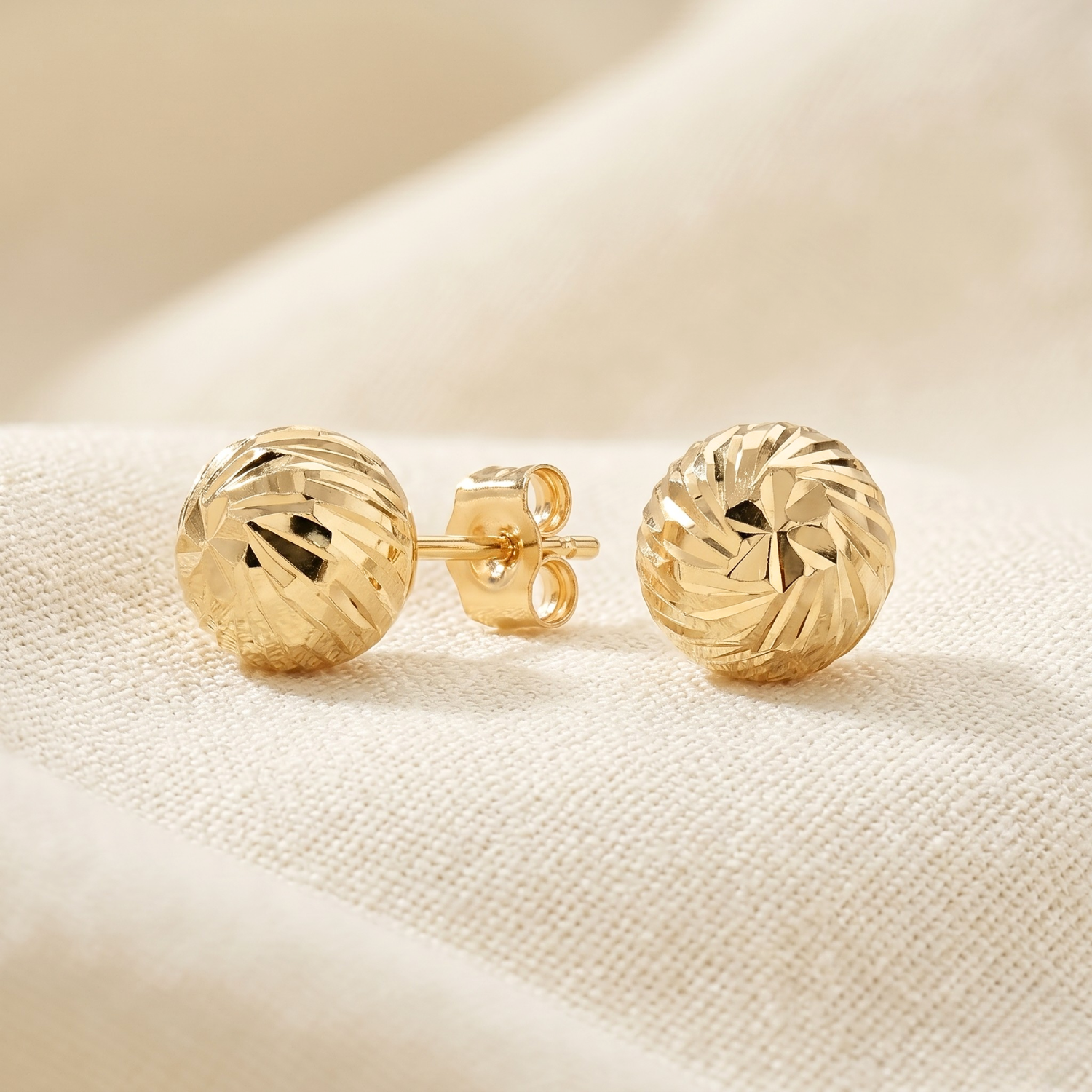 14k Yellow Gold Ball Studs With Hand Engraved Spiral Design