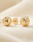 14k Yellow Gold Ball Studs With Hand Engraved Spiral Design