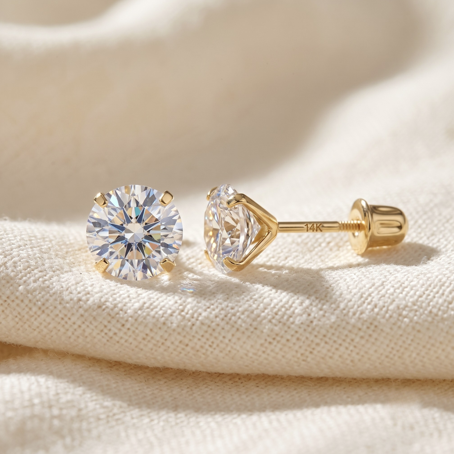 14K Yellow Gold Round Solitaire Cubic Zirconia Studs, Screwback