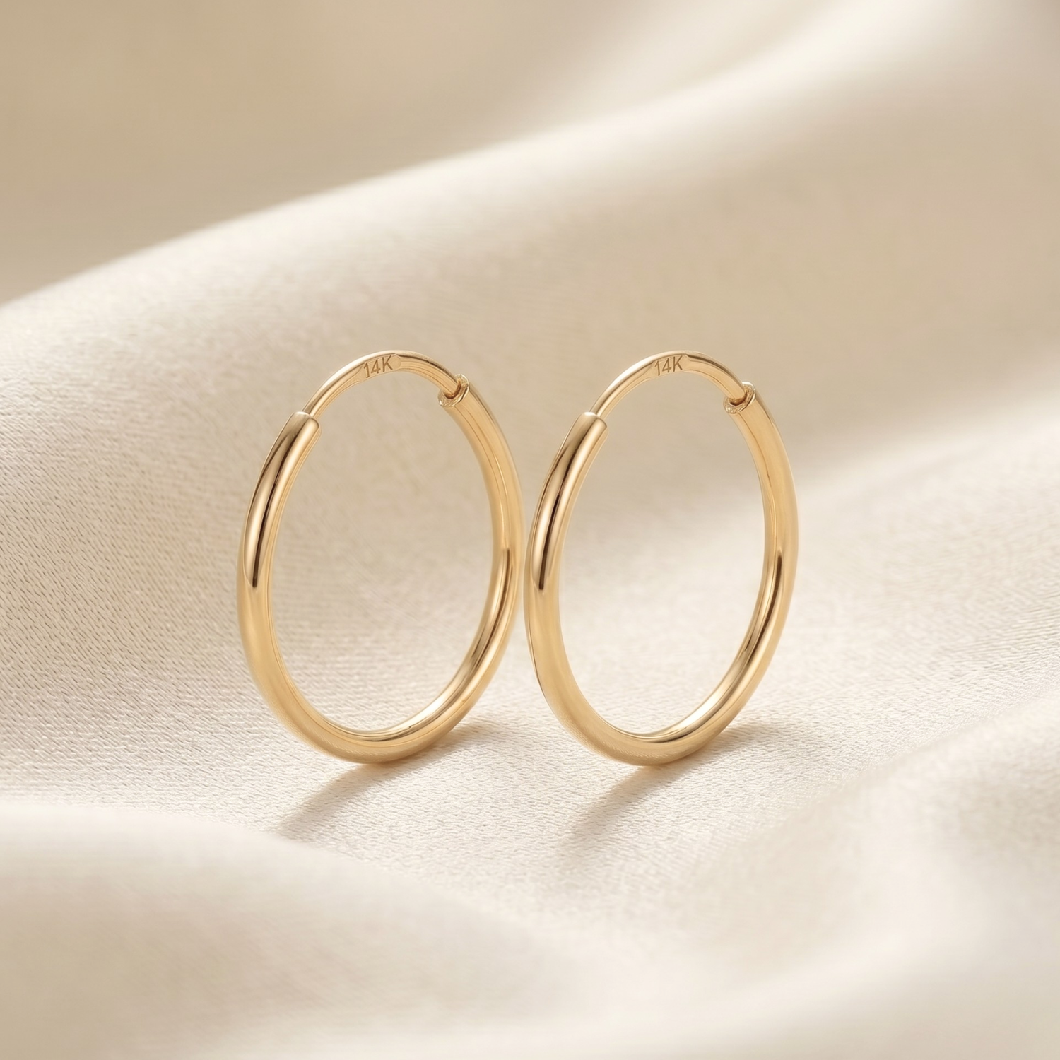 14K Yellow Gold Round Endless Hoop Earrings, 1.3mm Thin