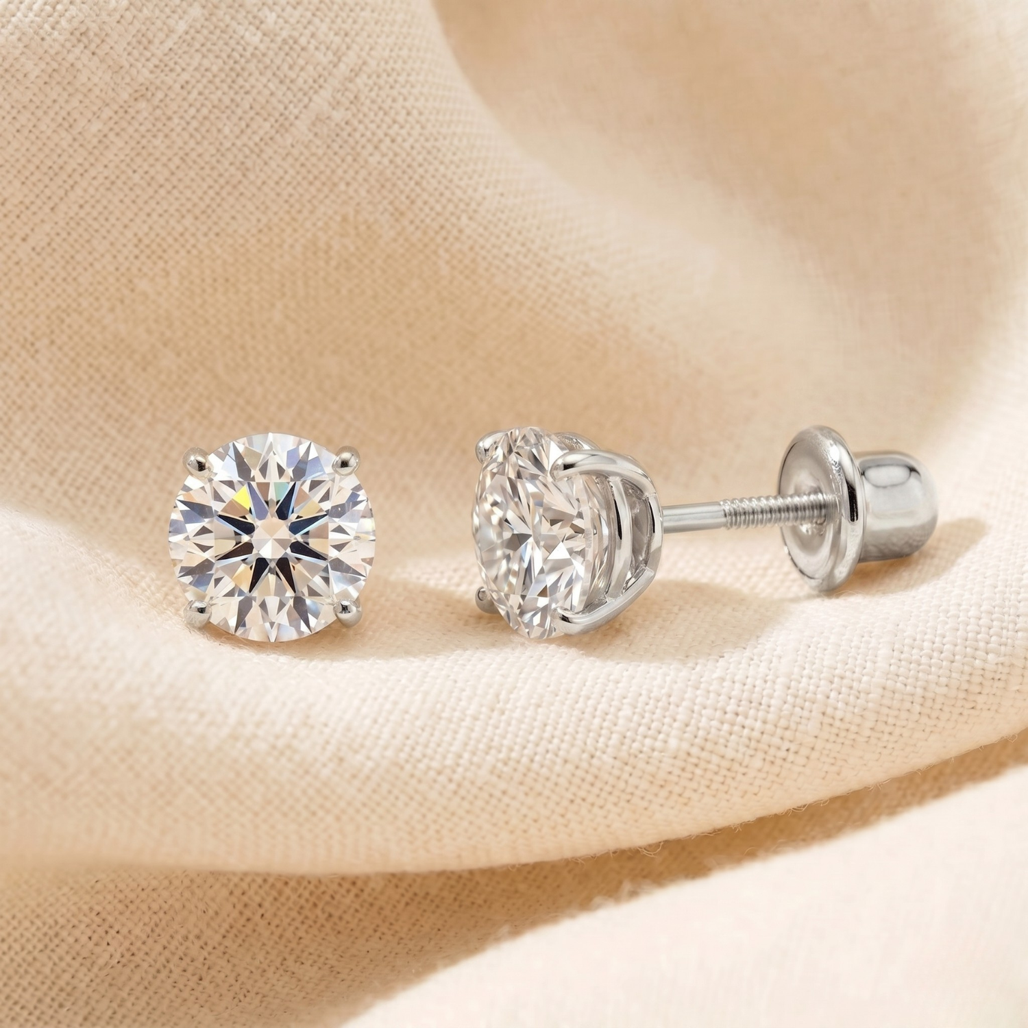 14k White Gold Classic Solitaire Stud Earrings, Screwback