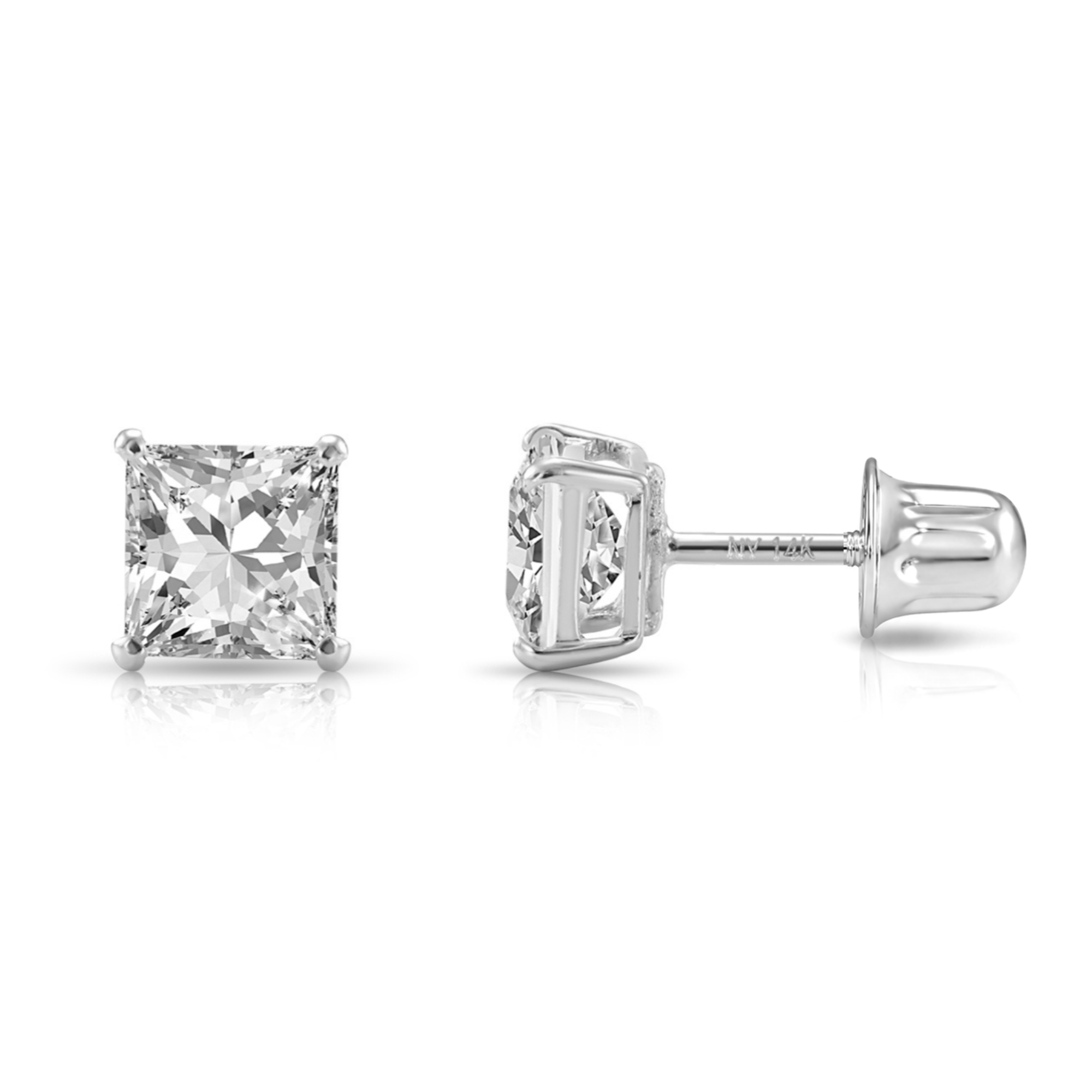 14K White Gold Lab Diamond Stud Earrings, CVD Brilliant Princess-Cut Square Diamond Studs, Screwback