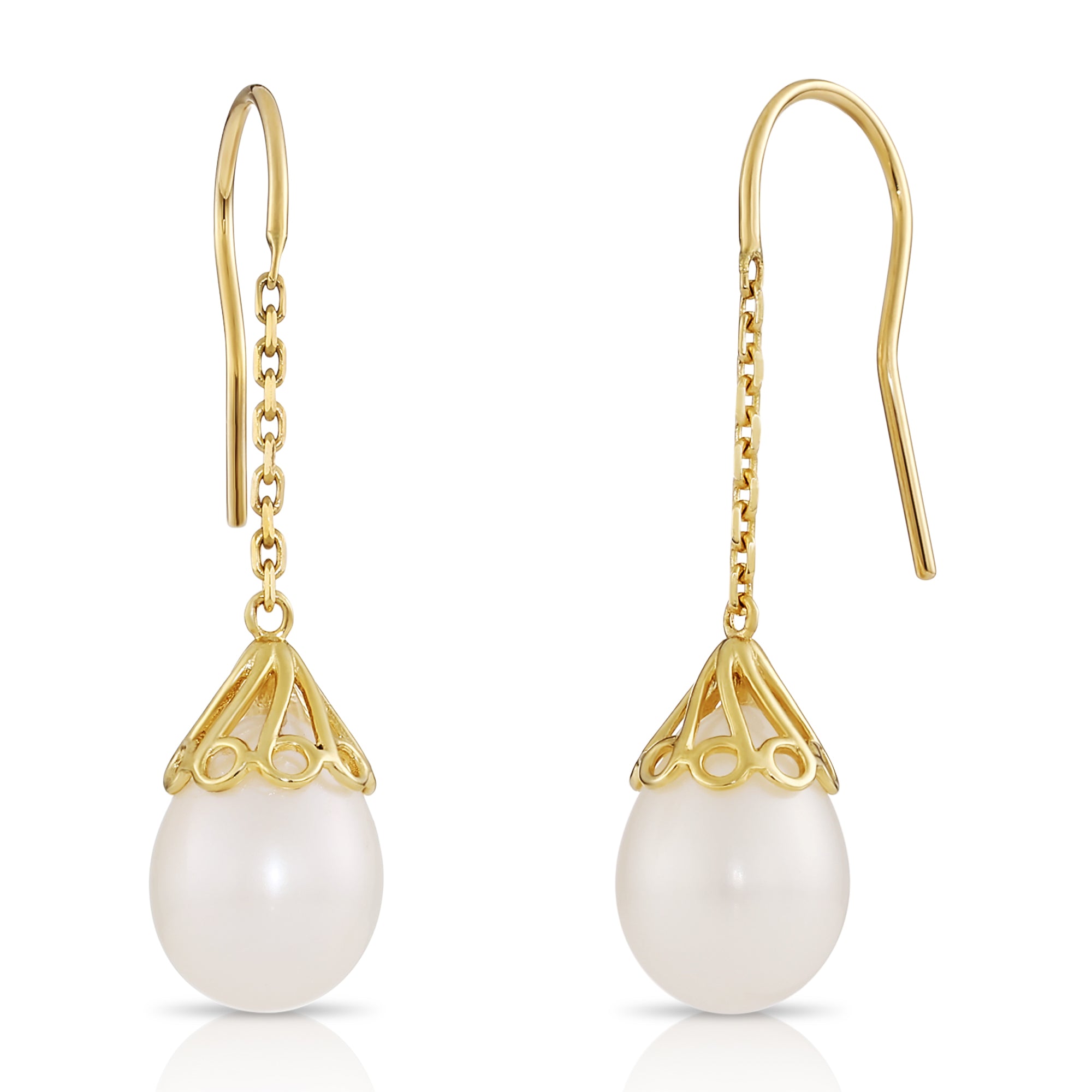 14K Yellow Gold Pearl Drop Dangle Earrings