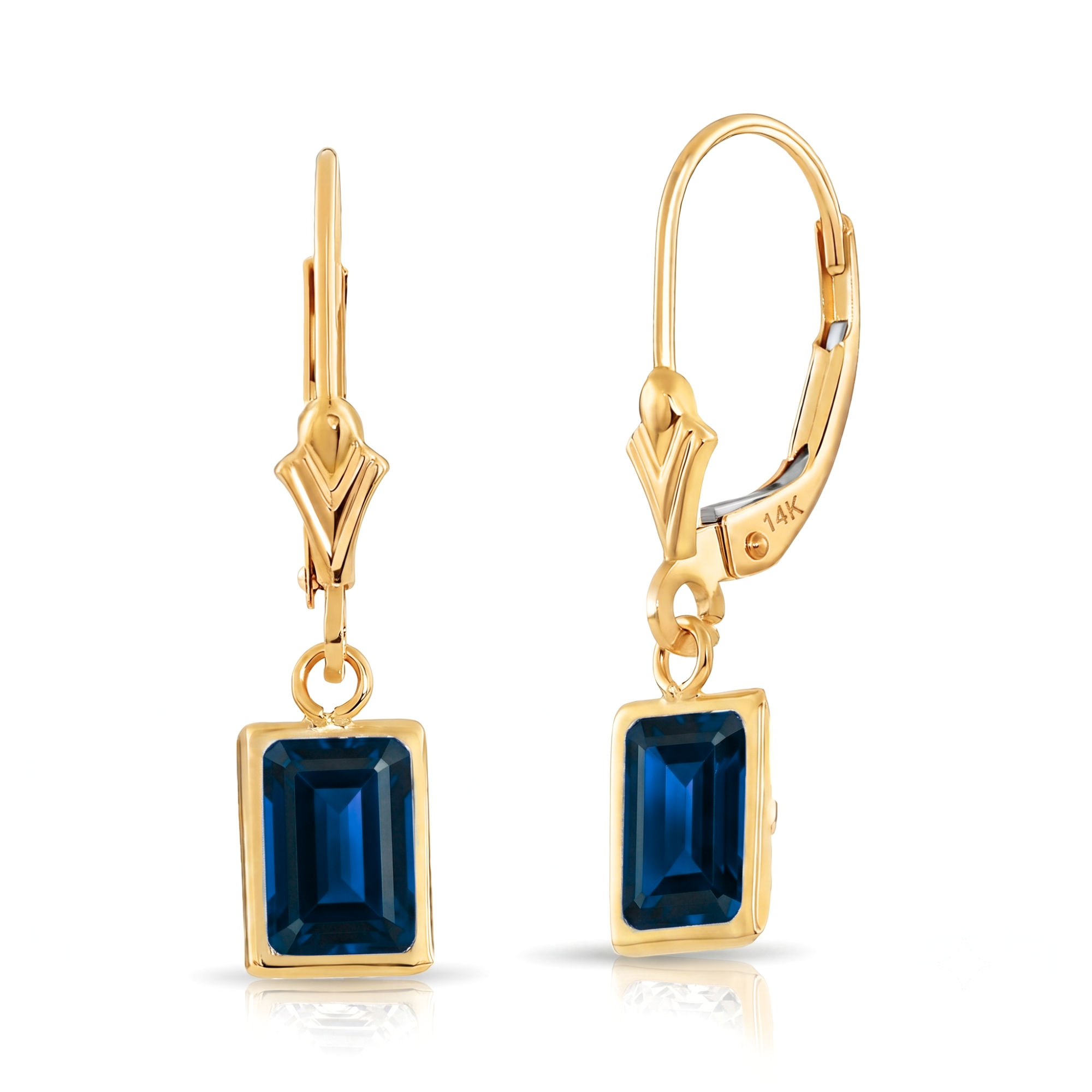 14K Gold Blue Sapphire Emerald-Cut Gemstone Drop Earrings