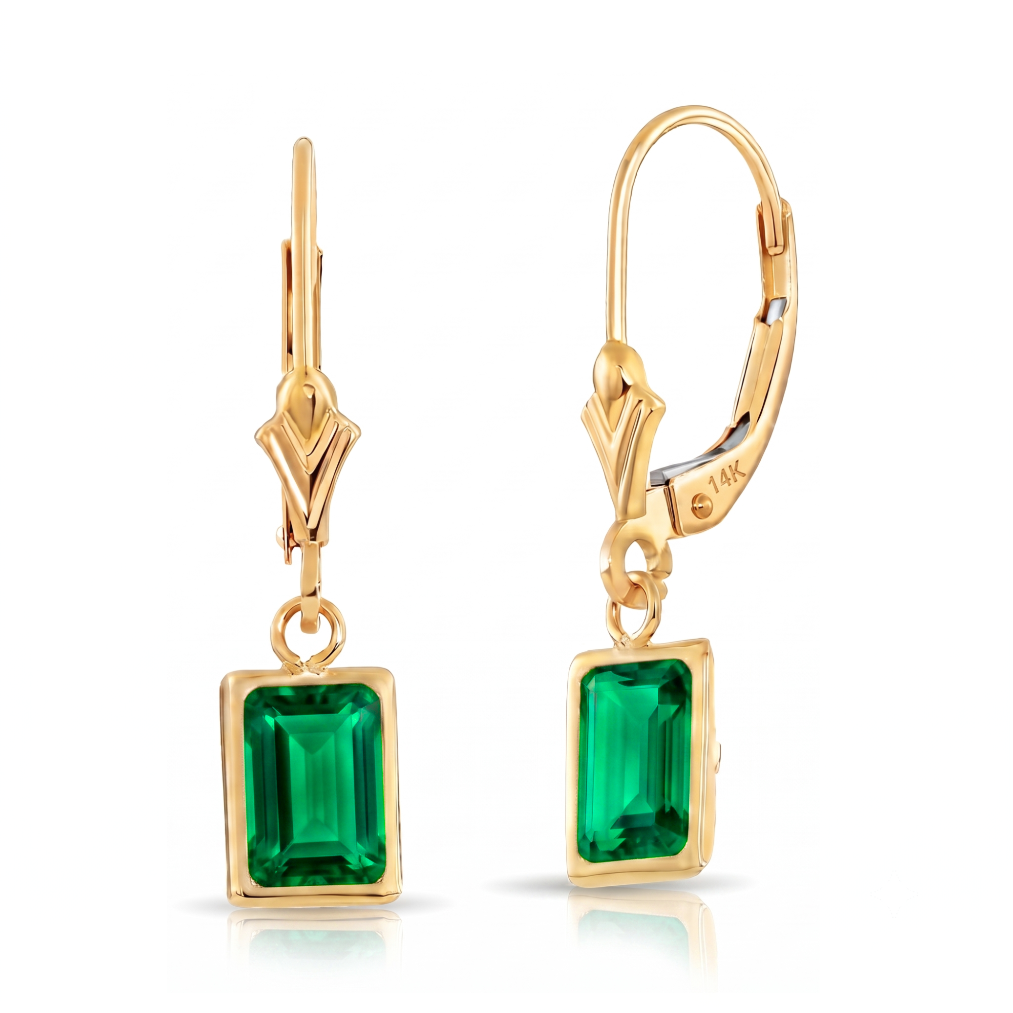 14K Gold Green Emerald Gemstone Drop Earrings