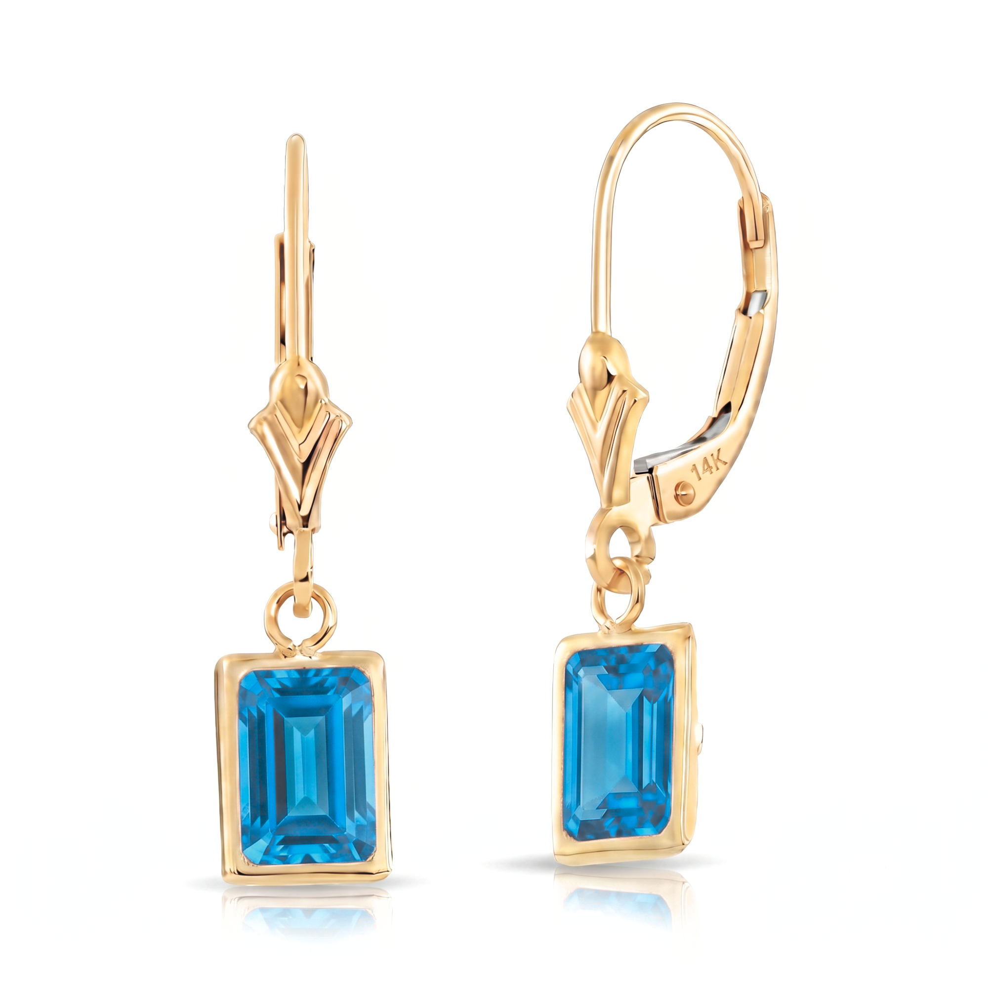 14K Gold Natural London Blue Topaz Emerald-Cut Gemstone Drop Earrings