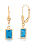 14K Gold Natural London Blue Topaz Emerald-Cut Gemstone Drop Earrings
