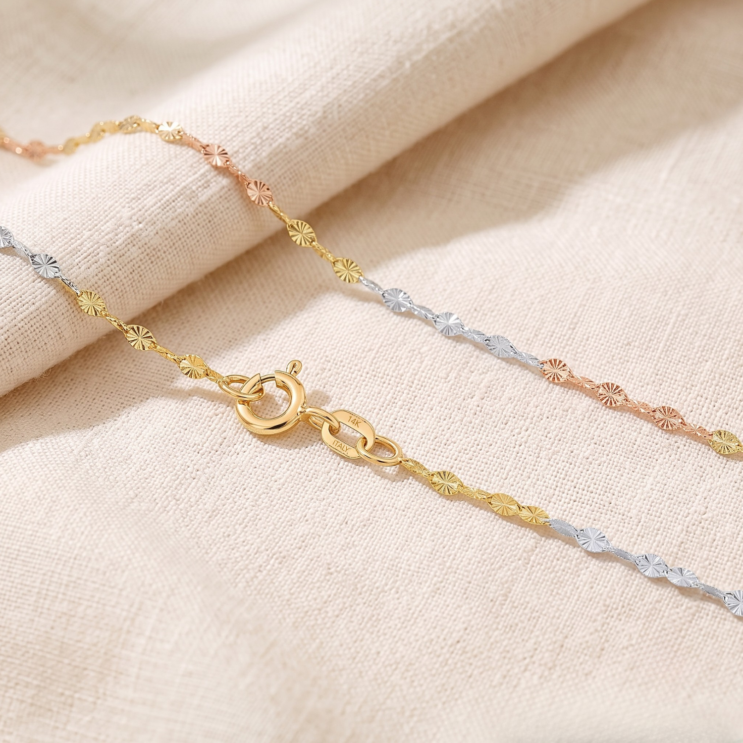 14K Gold Three-Tone Diamond-Cut Mirror Chain Necklace
