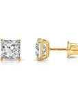 14K Yellow Gold Lab Diamond Stud Earrings, CVD Brilliant Princess-Cut Square Diamond Studs, Screwback