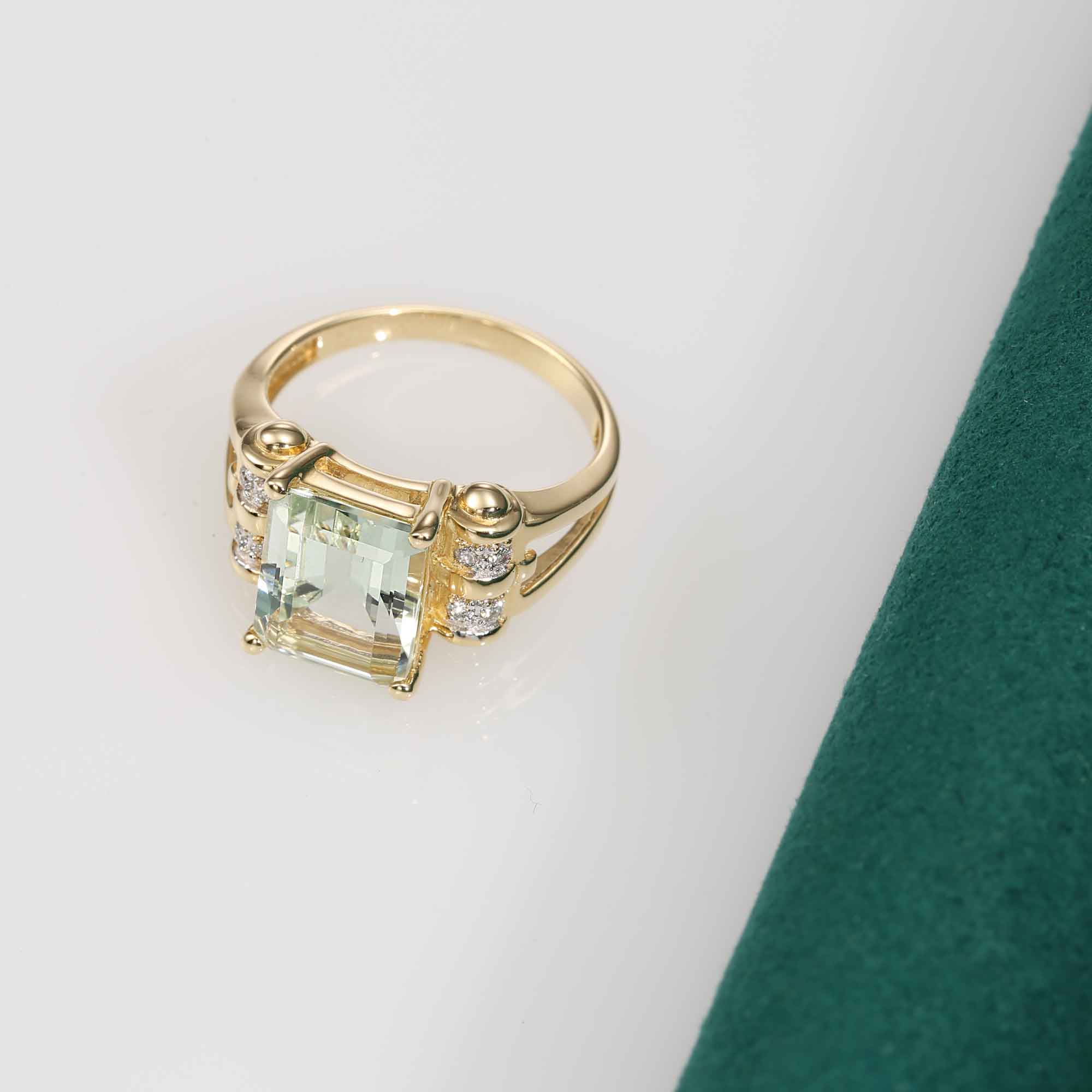 Natural Light Green Amethyst Gemstone Ring, 14k Gold Ring with  Natural Diamonds