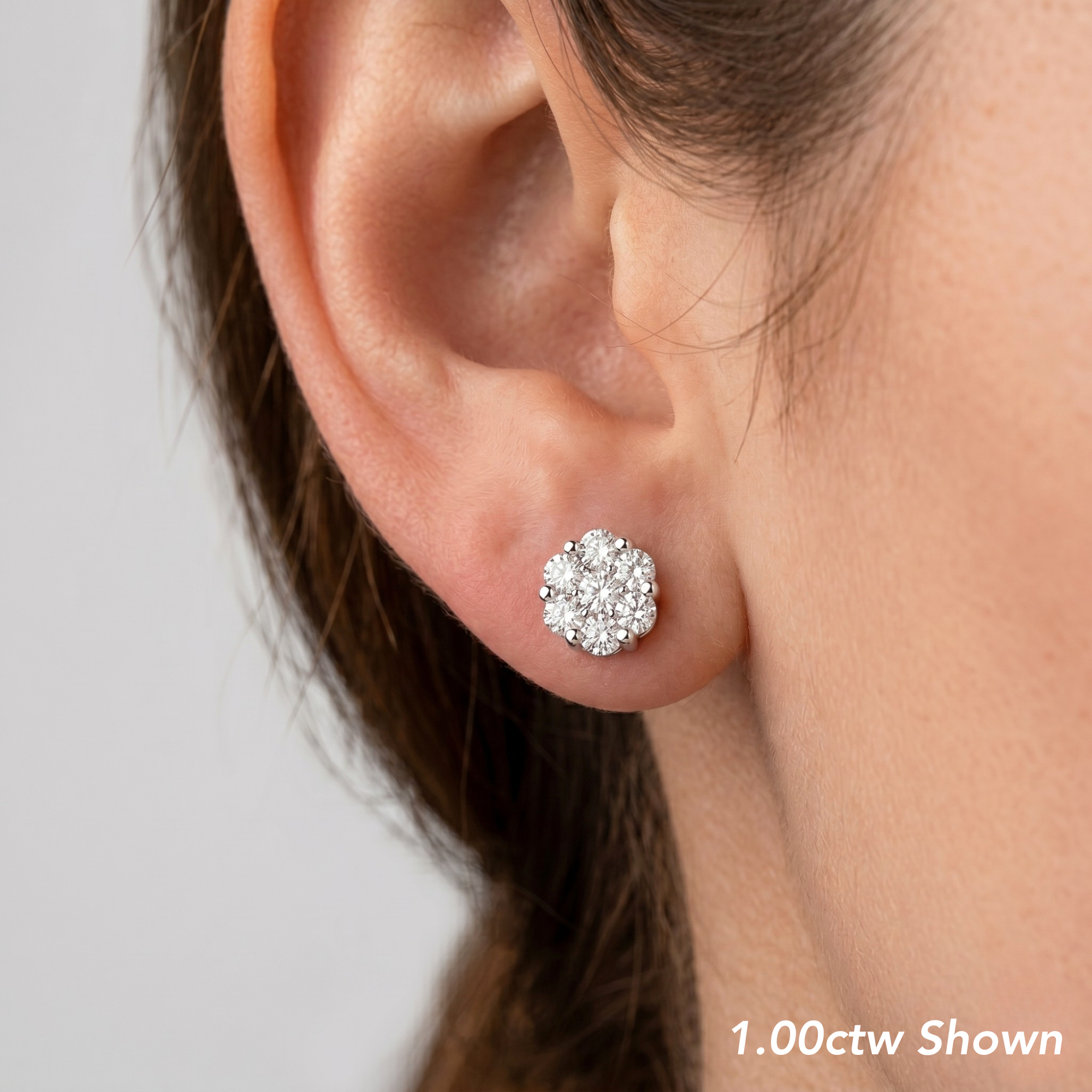 14K White Gold Natural Diamond Cluster Studs, Screwback
