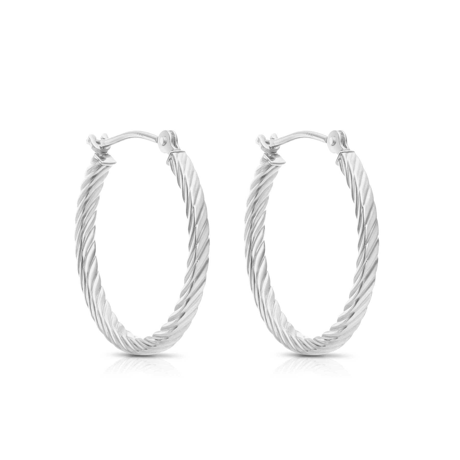 14k White Gold Hoop Earrings with Twist Textured Square Tube