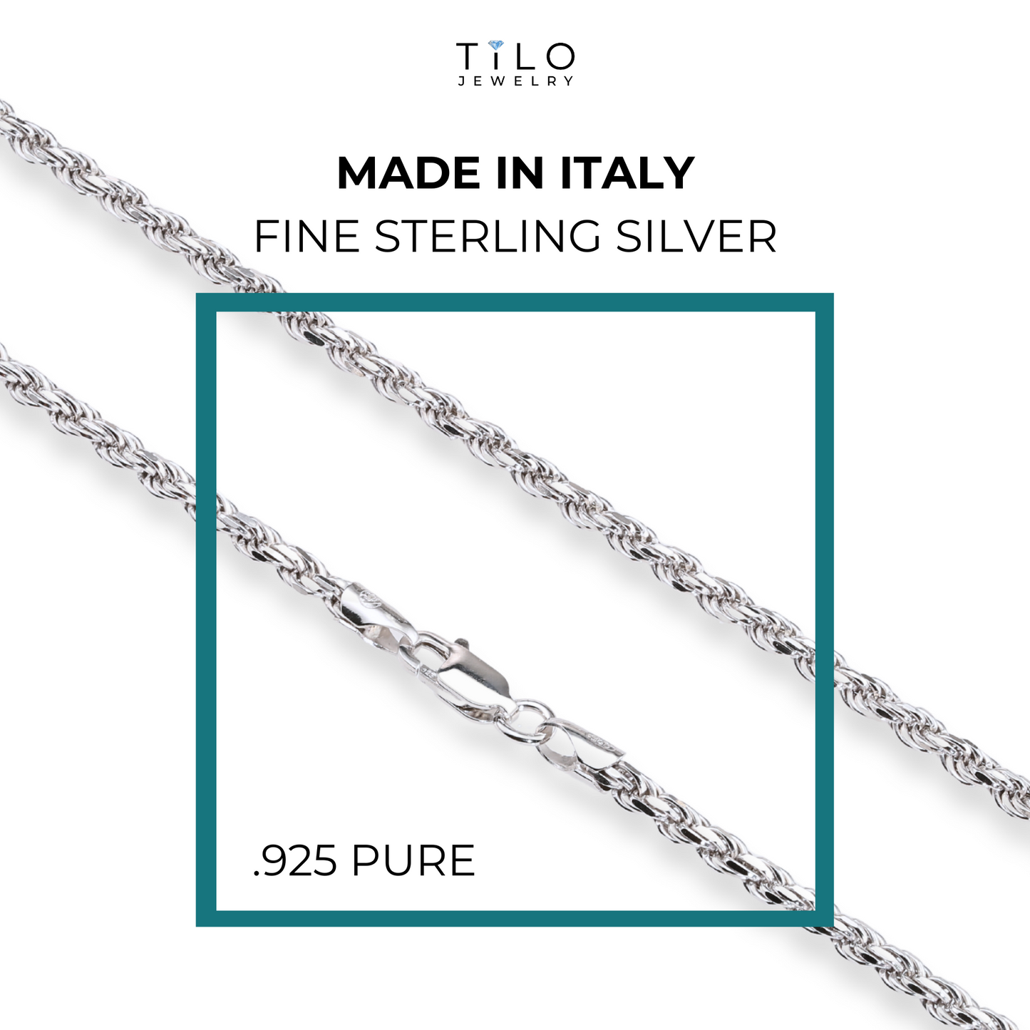 Sterling Silver Italian Rope Chains, Solid 925 Pure Silver with Strong Lobster Lock