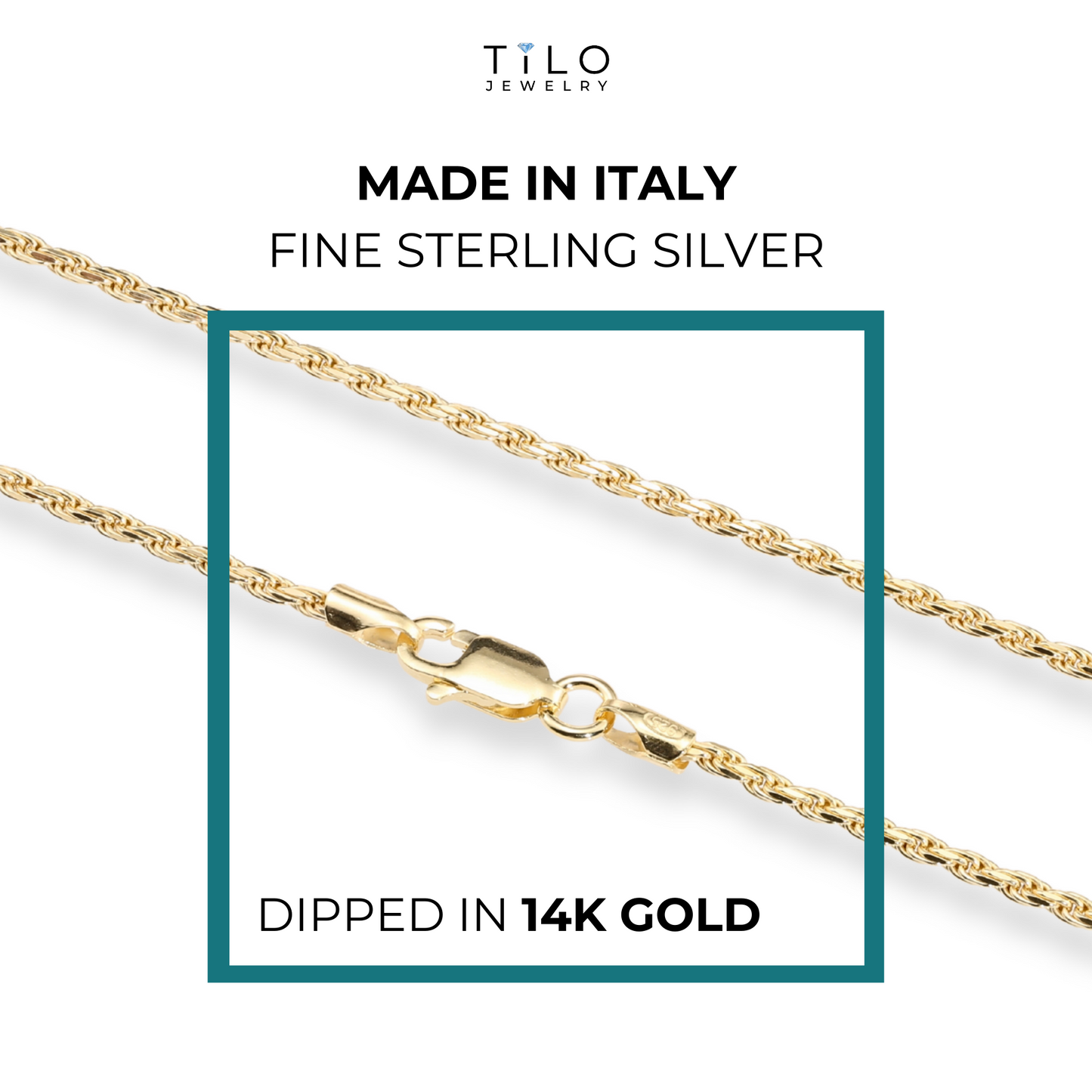 14k Gold Rope Chains, Solid 925 Silver Dipped in 14k Gold, Made in Italy, Strong Necklace with Lobster Lock