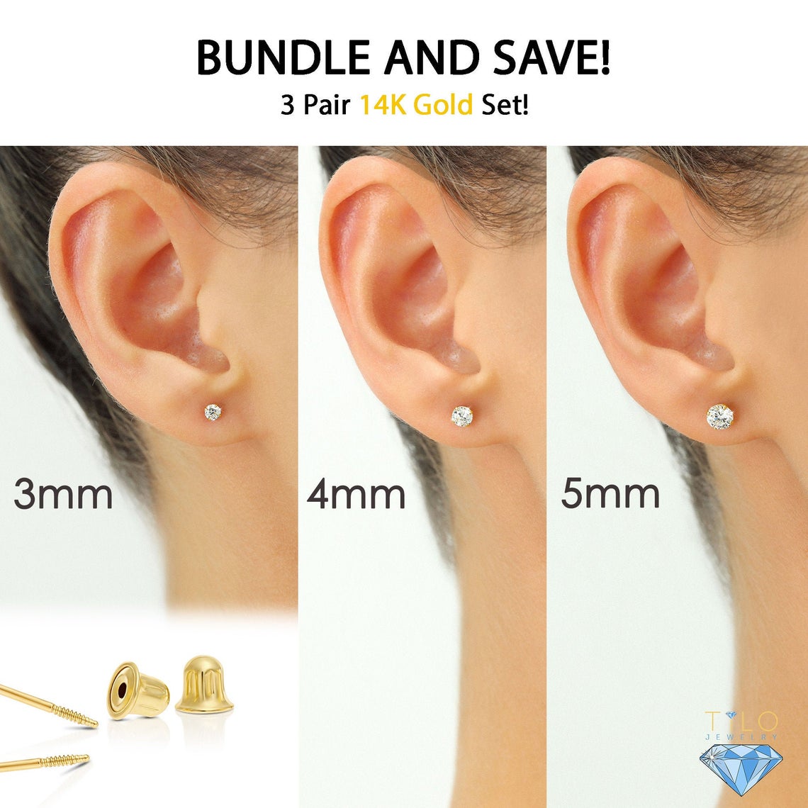 Two Earring Back Replacements |14K Solid White Gold | Threaded Push  on-Screw Off |Quality Die Struck | Post Size .032 | 1 Pair