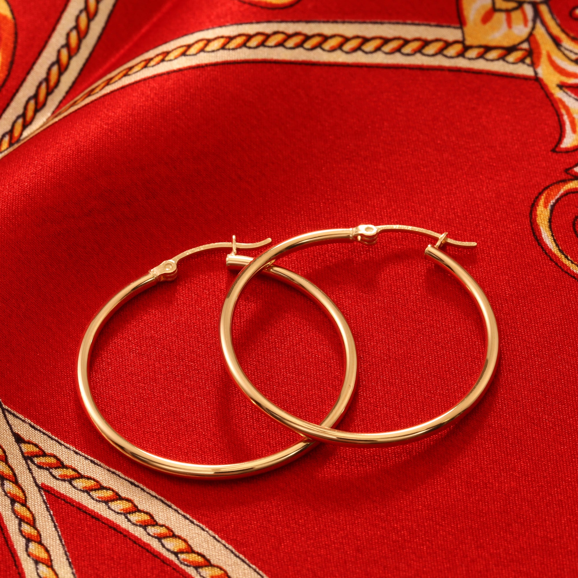 14K Yellow Gold Chunky Hoop Earrings, Flat Bar Post, 2.5mm